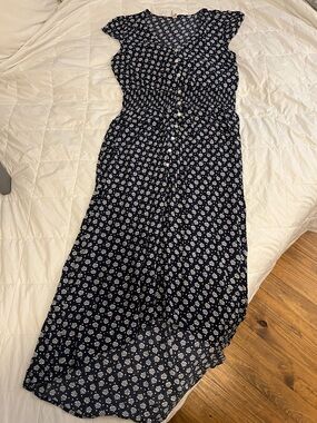 Navy Blue Floral Button-Front Maxi Dress